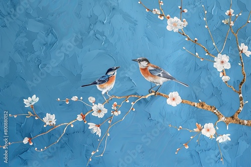 Blue Morning Tranquility: Bird and Tree Branch Digital Oil Painting © Michael