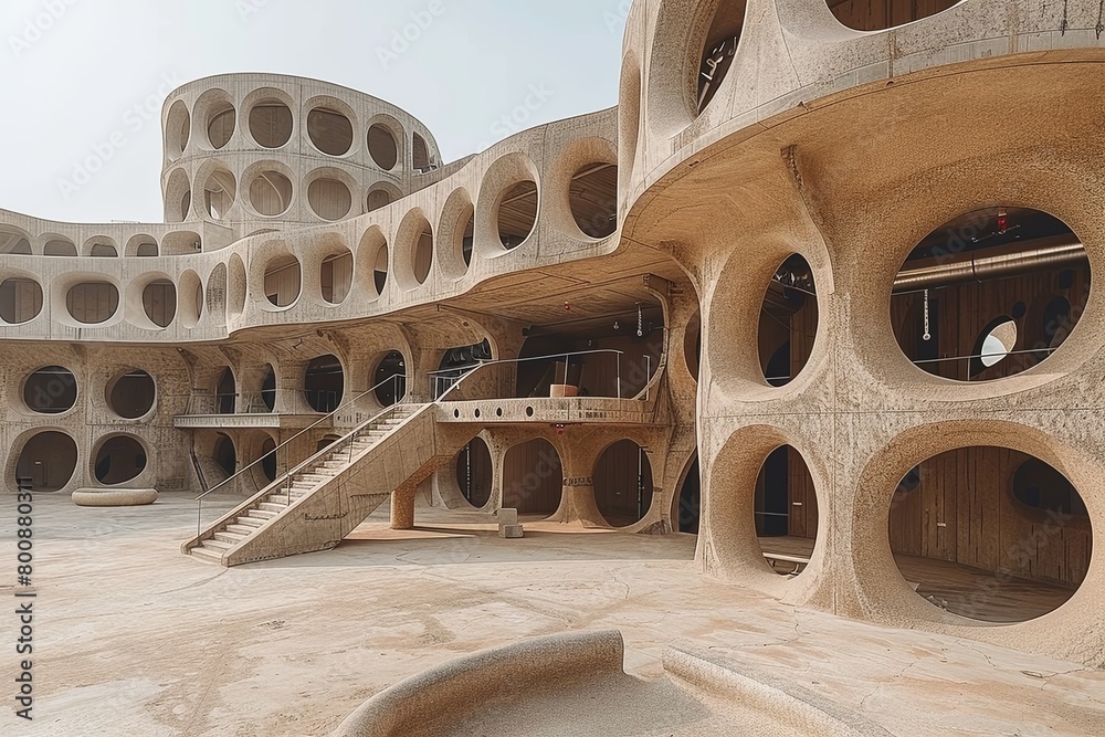 View of Geometric Shapes Ascend: Brutalist Concrete Apartment Complex with ...