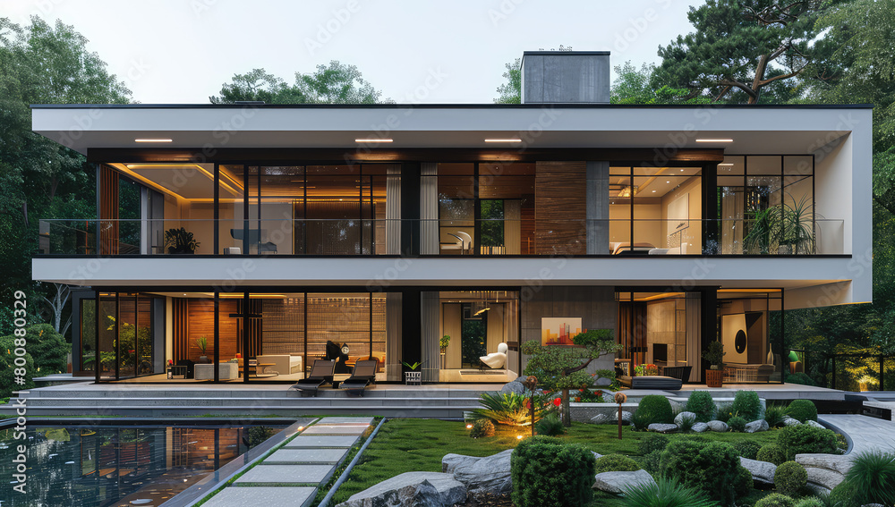 A two-story modern house with glass windows, white walls and black frames. Created with Ai