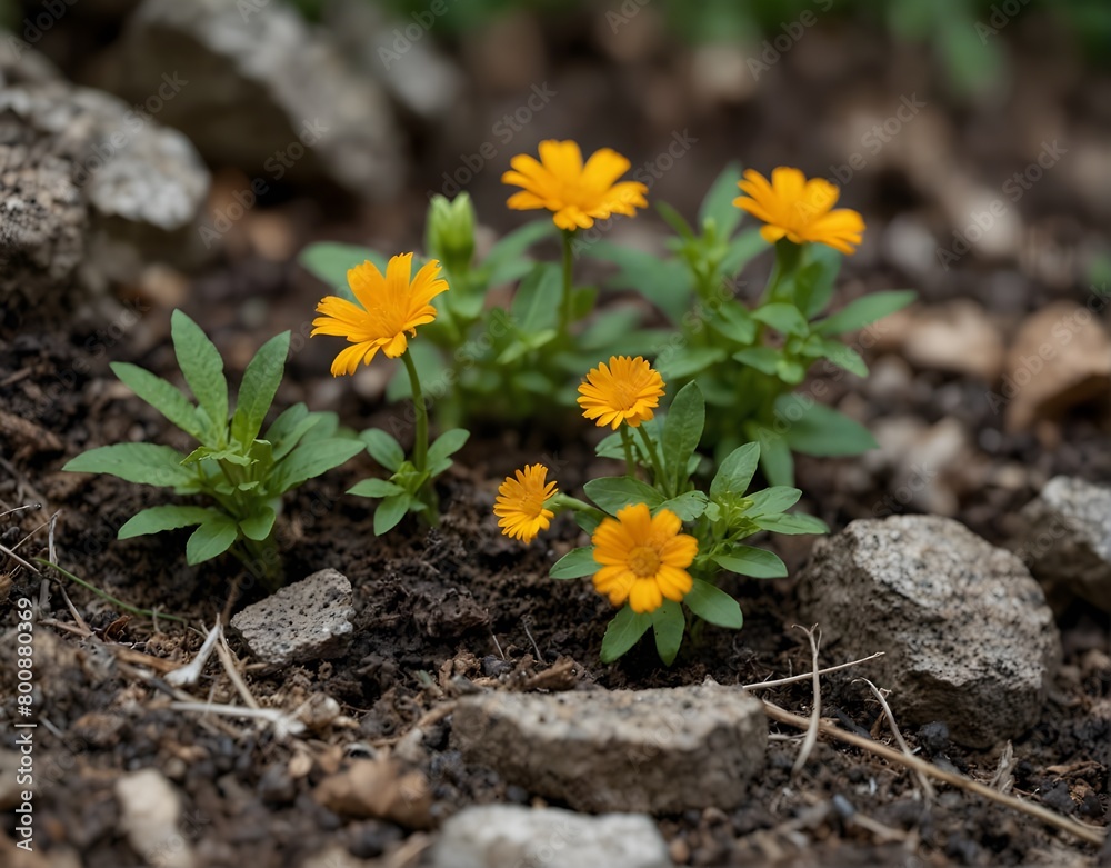 Blooming calendula in summer, top view.