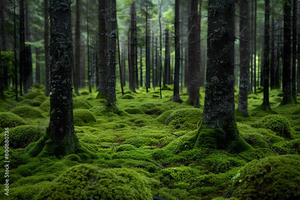 Obraz premium A peaceful Scandinavian forest filled with green moss and tall trees, creating a serene and tranquil natural environment.