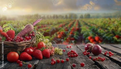Thansgiving agriculture harvest banner apsicum, tomato, beetroot, strawberry, raspberry ,red corn on the in a basket put on dark brown wooden floor, with defocused landscape field in the background photo
