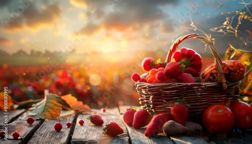 Thansgiving agriculture harvest banner apsicum, tomato, beetroot, strawberry, raspberry ,red corn on the in a basket put on dark brown wooden floor, with defocused landscape field in the background photo