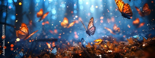 3D render of magical glowing butterflies in the air © wanna