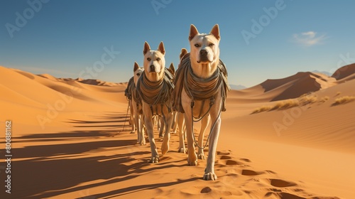 Dogs lead hiking trips in the sand sea Surrealistic action photo Clean and Clear Color photo