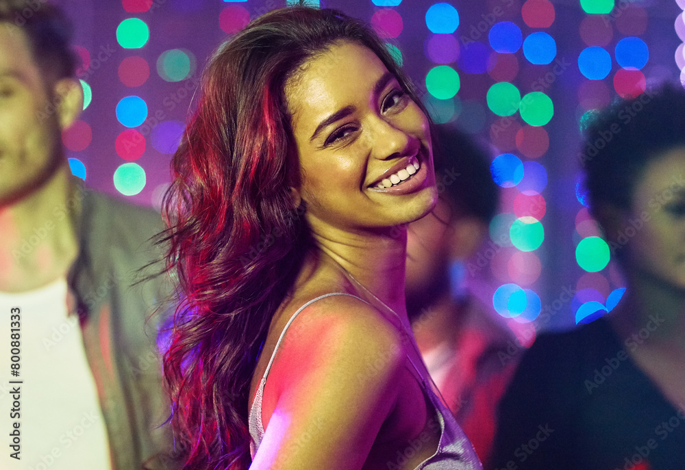 Portrait, dancing and woman, party and nightclub with friends, smile and celebration for birthday, confidence and fun. Bokeh, group and lights for new year, weekend and countdown in rave with energy Portrait, dancing and woman, party and nightclub with friends, smile and celebration for birthday, confidence and fun. Bokeh, group and lights for new year, weekend and countdown in rave with energy