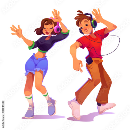 Happy people listen music. Man person and young girl with phone dance and have fun. Female student enjoy song sound in headphones at home isolated icon. Funny action on disco party cartoon graphic