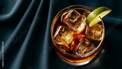 Glass of cold cuba libre cocktail on dark background