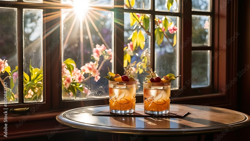 Two drinks sit on a table in front of a window Two drinks sit on a table in front of a window