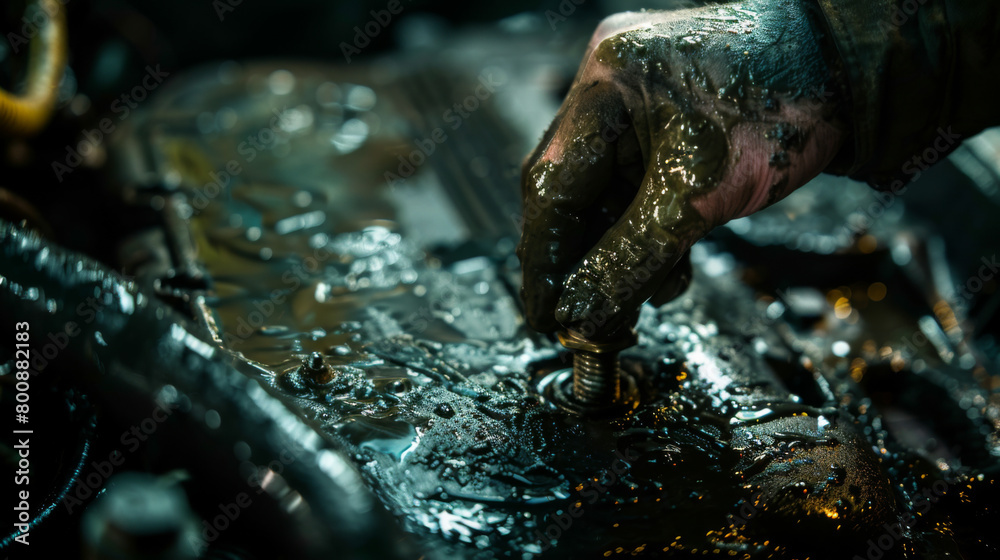 Focused mechanic's hand covered in oil tightening a bolt inside a car engine, showcasing manual expertise and maintenance work. Focused mechanic's hand covered in oil tightening a bolt inside a car engine, showcasing manual expertise and maintenance work.