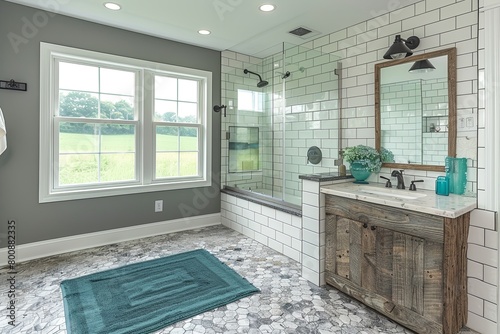 Coastal Serenity  Beach-Inspired Bathroom Design with White Subway Tiles  Sea Glass Accents  Driftwood Vanity  Blue   Green Touches