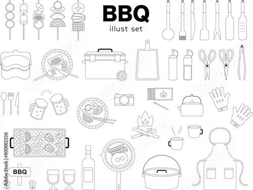 バーベキュー　アウトドア　イラスト　セット　BBQ　乾杯　調理器具　線画　白黒　バリエーション