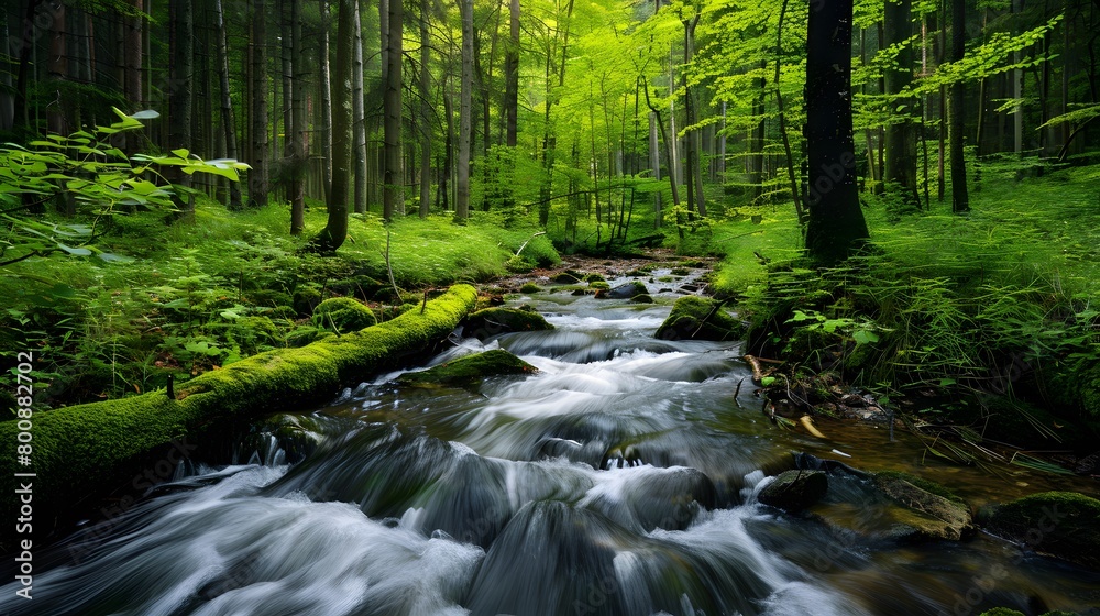 An illustration capturing the peaceful journey of a serene stream winding through a dense, lush forest, showcasing the tranquil beauty of untouched nature. An illustration capturing the peaceful journey of a serene stream winding through a dense, lush forest, showcasing the tranquil beauty of untouched nature.