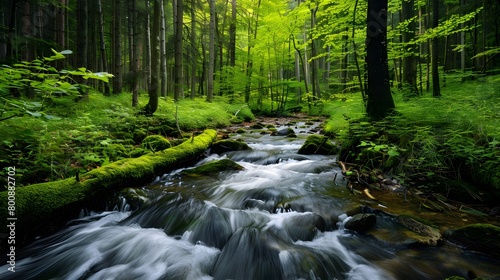 An illustration capturing the peaceful journey of a serene stream winding through a dense, lush forest, showcasing the tranquil beauty of untouched nature.
