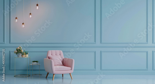 A serene and minimalistic interior design of an empty room with light blue walls, featuring soft pastel colors for furniture like a pink armchair or sofa