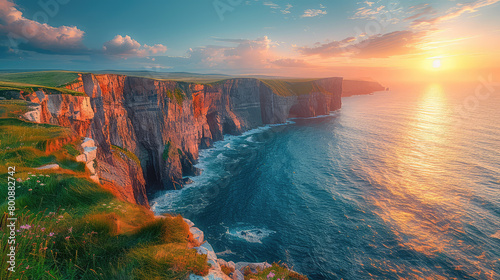 A panoramic view of the Cliffs of Moher in Ireland, with dramatic cliffs and an ocean setting sun. Created with Ai photo
