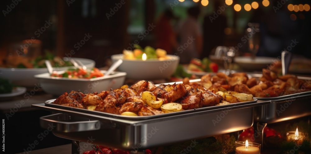 Grilled meat and vegetables, Food on a buffet table at the hotel, Group of people on catering buffet food indoor in restaurant with grilled meat Buffet service