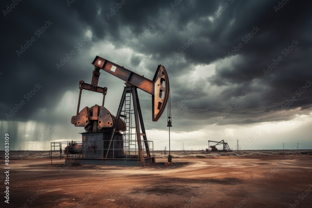 A Oil drilling machine in the desert, Industry, energy industry, gas station at sunset A Oil drilling machine in the desert, Industry, energy industry, gas station at sunset