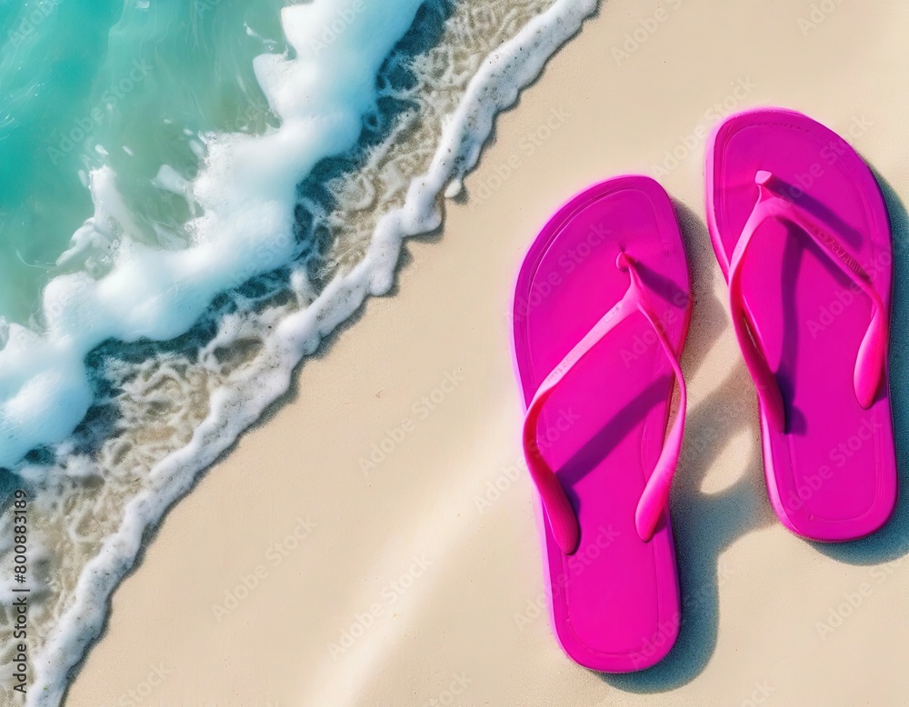 Fototapeta premium bright summer flip flops on the beach. white sand, blue wave.