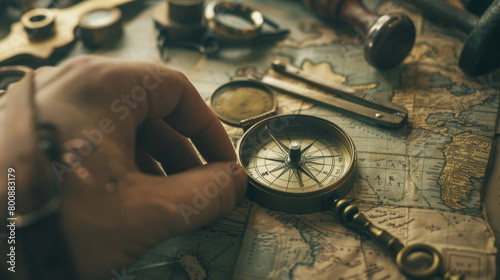 An explorer's hand pointing a classic compass on a vintage map with antique navigational tools around.