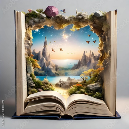 tampak depan sebuah buku yang terbuka, di antara halaman-halaman buku cerita yang ajaib mengungkapkan dunia yang menakjubkan 