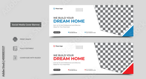 Construction social media cover banner design template. Home improvement web banner template. Dream home for sale social media cover banner template.