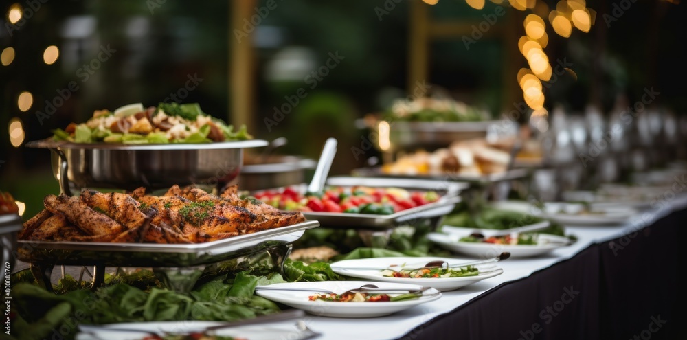 Grilled meat and vegetables, Food on a buffet table at the hotel, Group of people on catering buffet food indoor in restaurant with grilled meat Buffet service