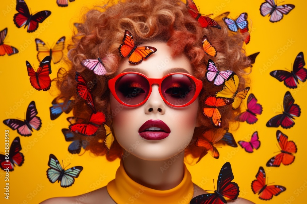 Female portrait with butterflies in her head. Creative background with stylish woman. Fashion portrait. Summer style