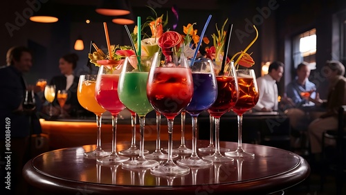 Colourful of many cocktail in wine glass on table in bar
