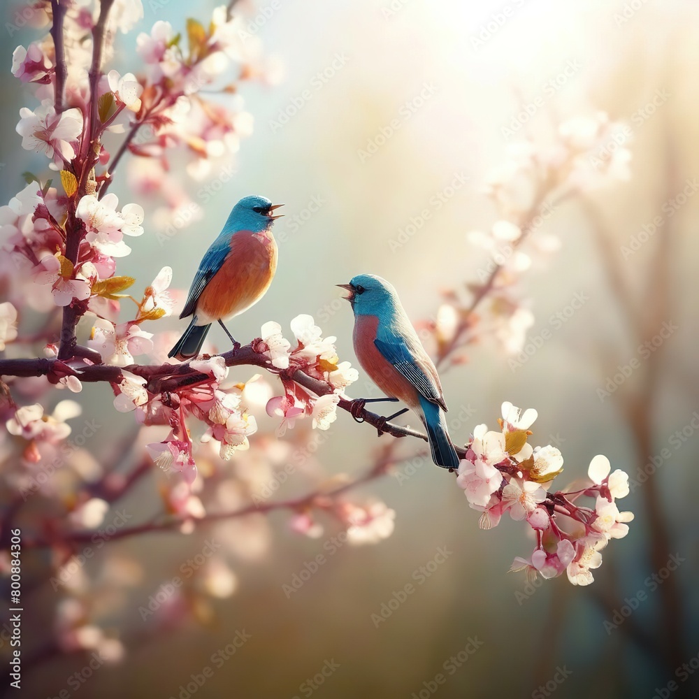 birds sing on the branches of a tree with spring flowers. sunlight.