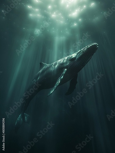Majestic whale, glowing fins, deep-sea explorer discovers glowing seaweed forest beneath Arctic ice shelf, stormy weather, realistic, silhouette lighting, depth of field bokeh effect