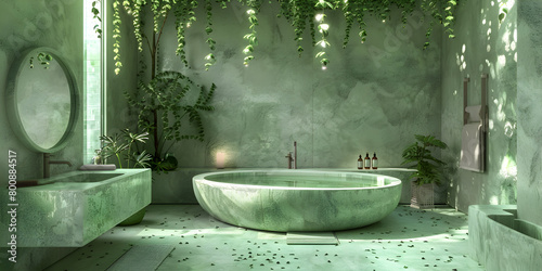 Interior of Modern Bathroom with Green Walls, Parquet Floor, Black Sink, Oval Mirror, and White-Beige Bathtub, A Stylish Modern Bathroom Featuring a Unique Standing Tub  Stylish and Creative Ideas photo