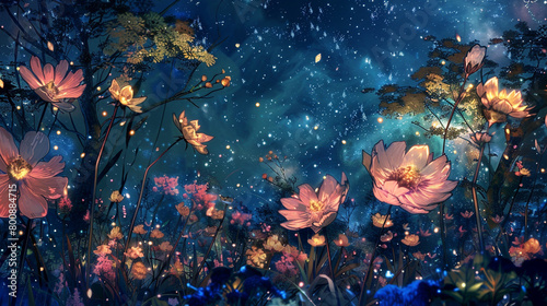Radiant blossoms of interstellar light  blooming in the garden of the night sky with ethereal splendor.