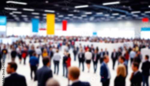 Business conference, trade fair, expo hall, crowd activity and attendees, blurred background, copy space