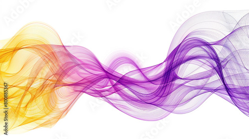 Pulsating shades of violet and yellow spectrum waveforms symbolizing technological creativity, isolated on a solid white background."