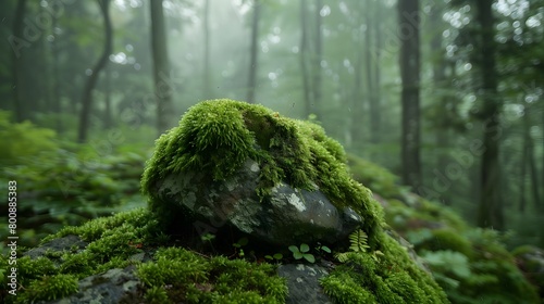 Stone covered in moss, serene forest enclosing, misty atmosphere with dense trees and foliage, a close up of green moss on rocks.