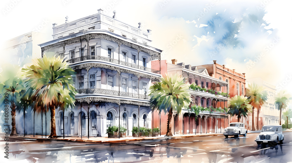 Fototapeta premium Digital watercolor street scenery abstract graphic poster web page PPT background