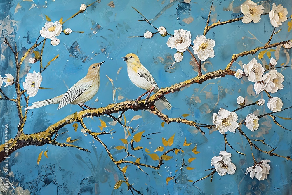 Two Birds on Tree Branch with White Flowers Vertical Oil Painting - Scenic Autumn Nature Art on Blue Background