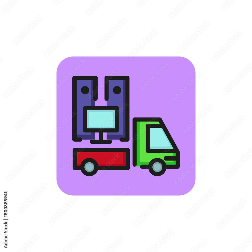 Icon of moving truck. Move out, truck, furniture, staff. Delivery concept. Can be used for topics like moving company, relocation, office moving Icon of moving truck. Move out, truck, furniture, staff. Delivery concept. Can be used for topics like moving company, relocation, office moving