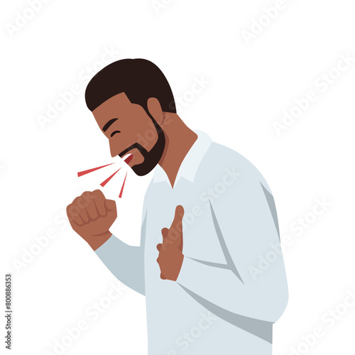 Young man having dry cough. Male person with asthma, allergy or cold. Flat vector illustration isolated on white background