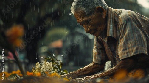 By a graveside  the old man lays flowers  tears mingling with rain  mourning lost battles within.