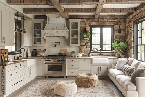 White Cabinets Farmhouse  A Rustic Kitchen with Farmhouse Sink   Wood-Burning Stove