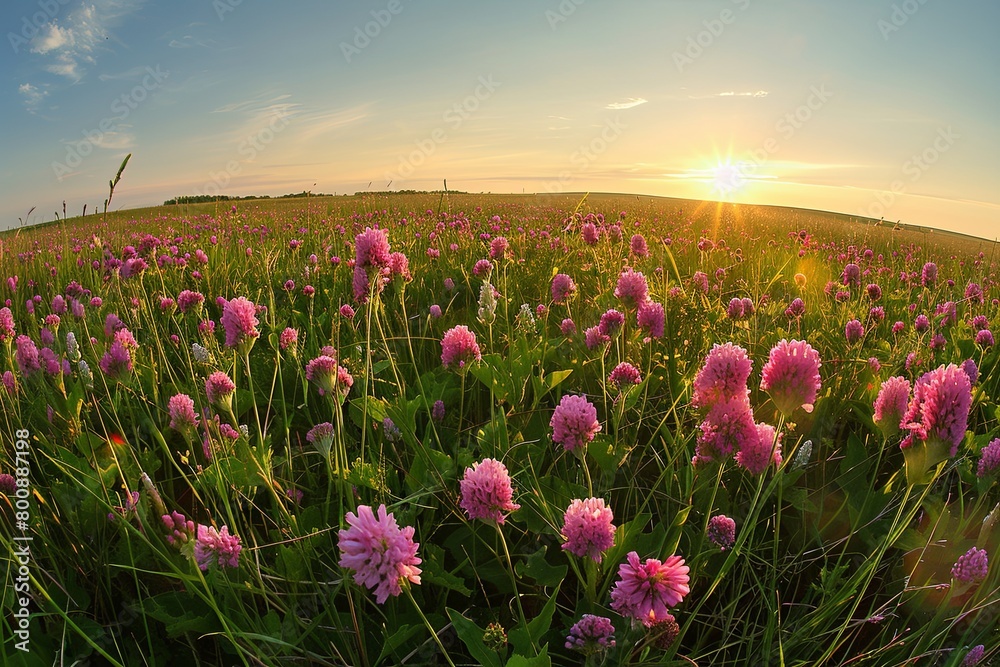 Springtime Panorama: Pink Wildflowers at Sunset in Uncultivated Land