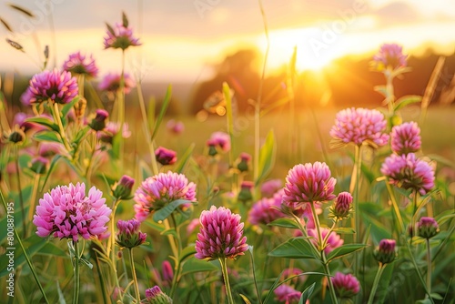 Sunset Glow  Blooming Wildflowers in a Rural Springtime Haven