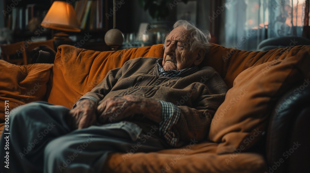 On the couch, the old man curls into himself, seeking refuge from the storm raging within. On the couch, the old man curls into himself, seeking refuge from the storm raging within.