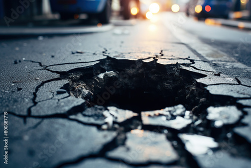 cracked street with a close-up of the hole photo