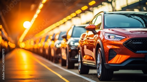 Close-up of automated electric vehicle mass production line in a manufacturing plant