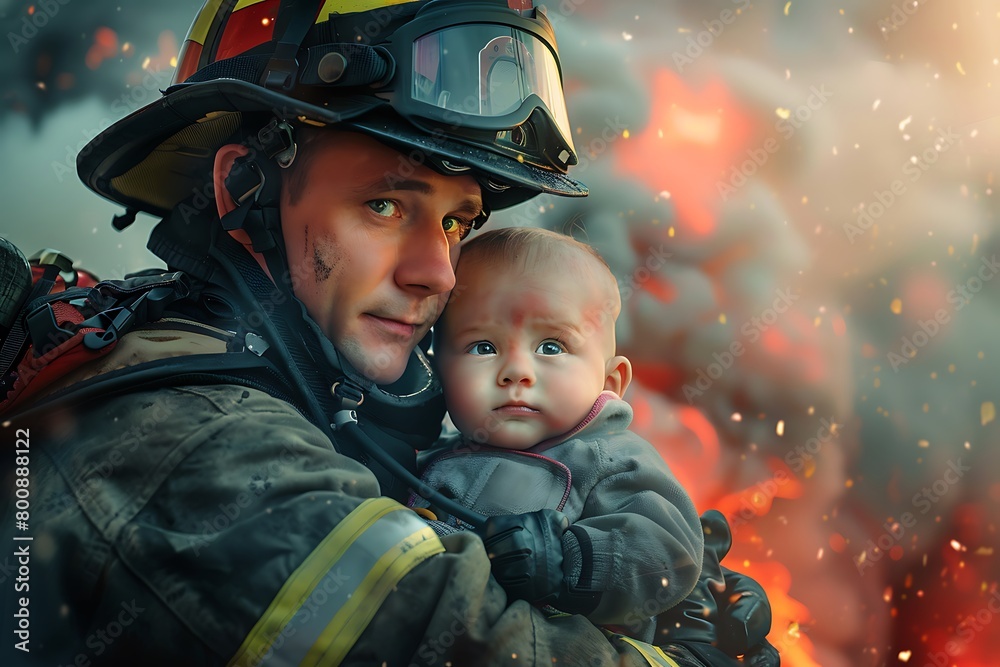 child in the arms of a male firefighter child in the arms of a male firefighter