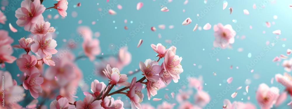 3D rendering of pink cherry blossoms on a blue background 3D rendering of pink cherry blossoms on a blue background