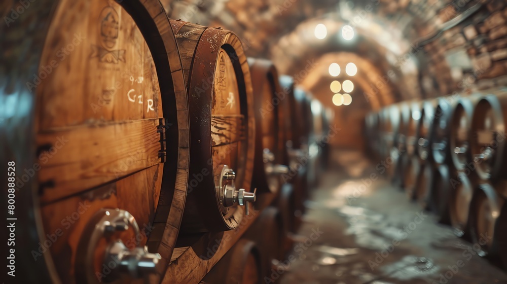 A dimly lit wine cellar with oak barrels stacked in rows